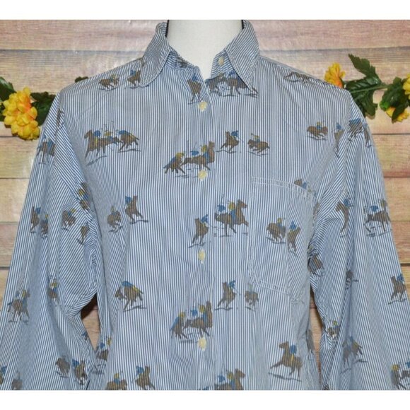 Vintage Rare Ladies 10 British Khaki Blue Pinstripe Button Down Shirt Polo Horse - Picture 2 of 9